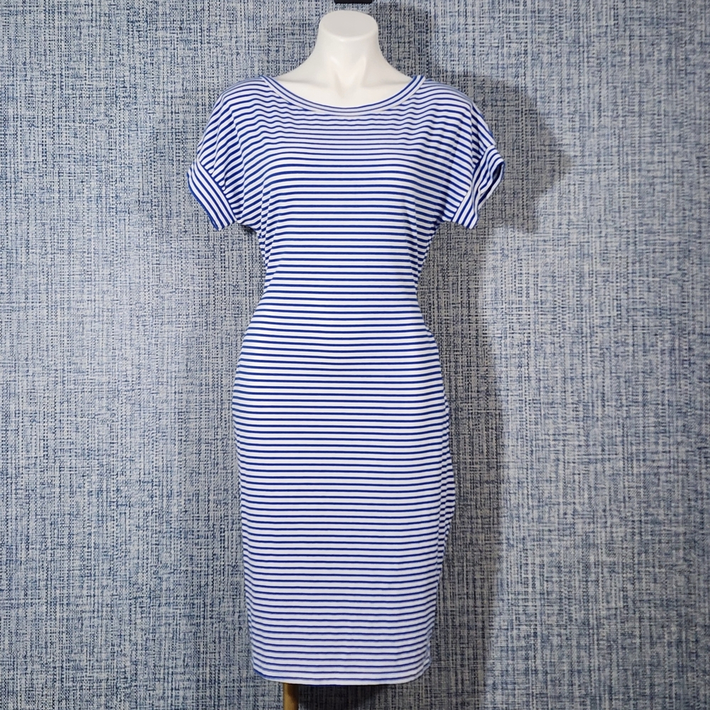 Must-Have Blue & White Striped Midi Dress | Flattering Tie Waist | SizeXL | Caps